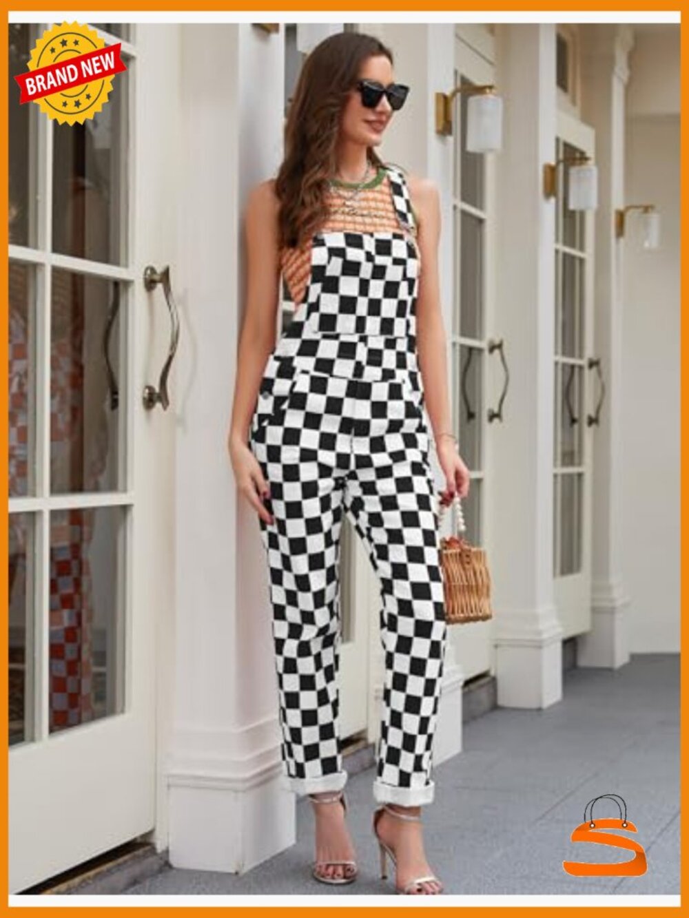Overalls for Women Checkered Jumpsuit Stretchy Romper Plaid Bib Coveralls - Picture 5 of 7
